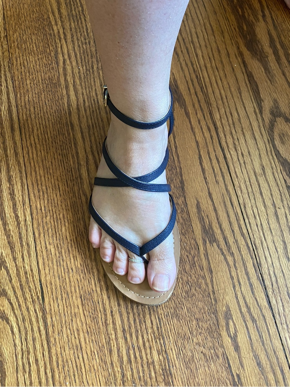 New York & Company Black Strappy Ankle Wrap Sandals with Tan Footbed